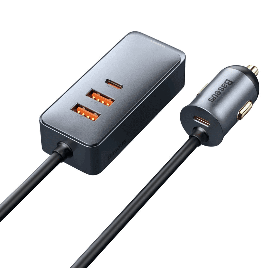 Baseus Fast Charging Car Charger with Extension Cord 12-24V 120W 2xUSB + 2xUSB-C Gray (CCBT-A0G)