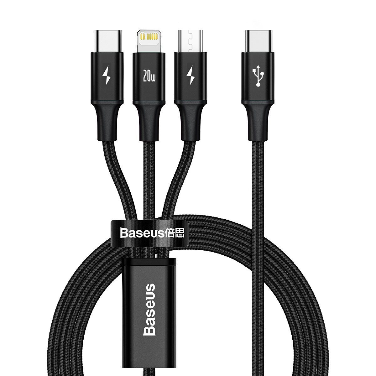 Baseus Rapid Series 3-in-1 Fast Charging Data Cable Type-C to M+L+C PD 20W 1.5m - Black (CAMLT-SC01)