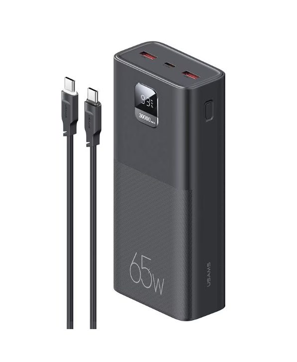 Usams Yattu Series PB6B PD3.0 + QC3.0 Fast Charging Digital Display Power Bank 30000mAh+Type-C To Type-C PD 100W Data Cable (ATXLOGTC01) - Black