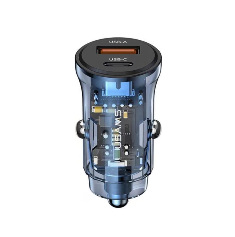 Usams C32 30W Transparent A+C Mini Car Charger (CC164CC02) - Transparent Blue