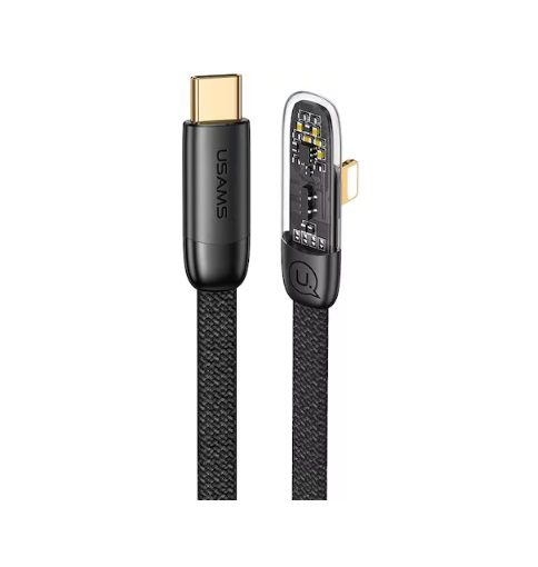 Usams Type-C To Lightning PD 20W Right-angle Transparent Fast Charging & Data Cable -- Iceflake Series 1.2m (SJ583USB01) - Black