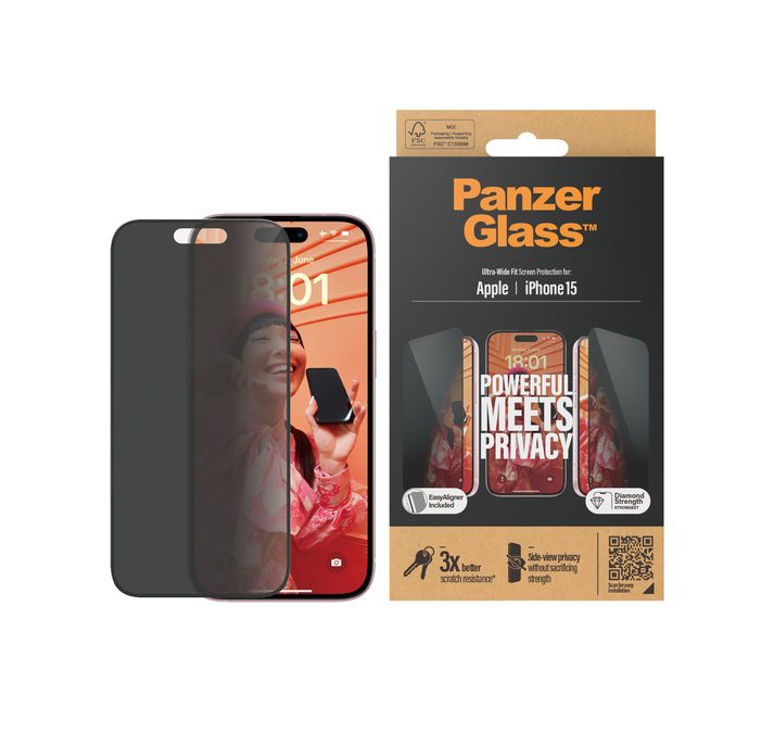 PanzerGlass Privacy Screen Protector Ultra-Wide Fit (1 Piece), iPhone 15