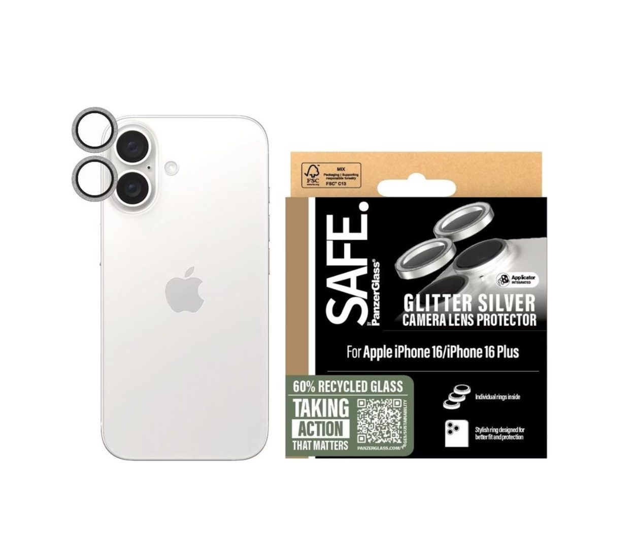 PanzerGlass SAFE. Camera Lens Protector Glitter Silver (1 Piece), iPhone 16 Plus, iPhone 16