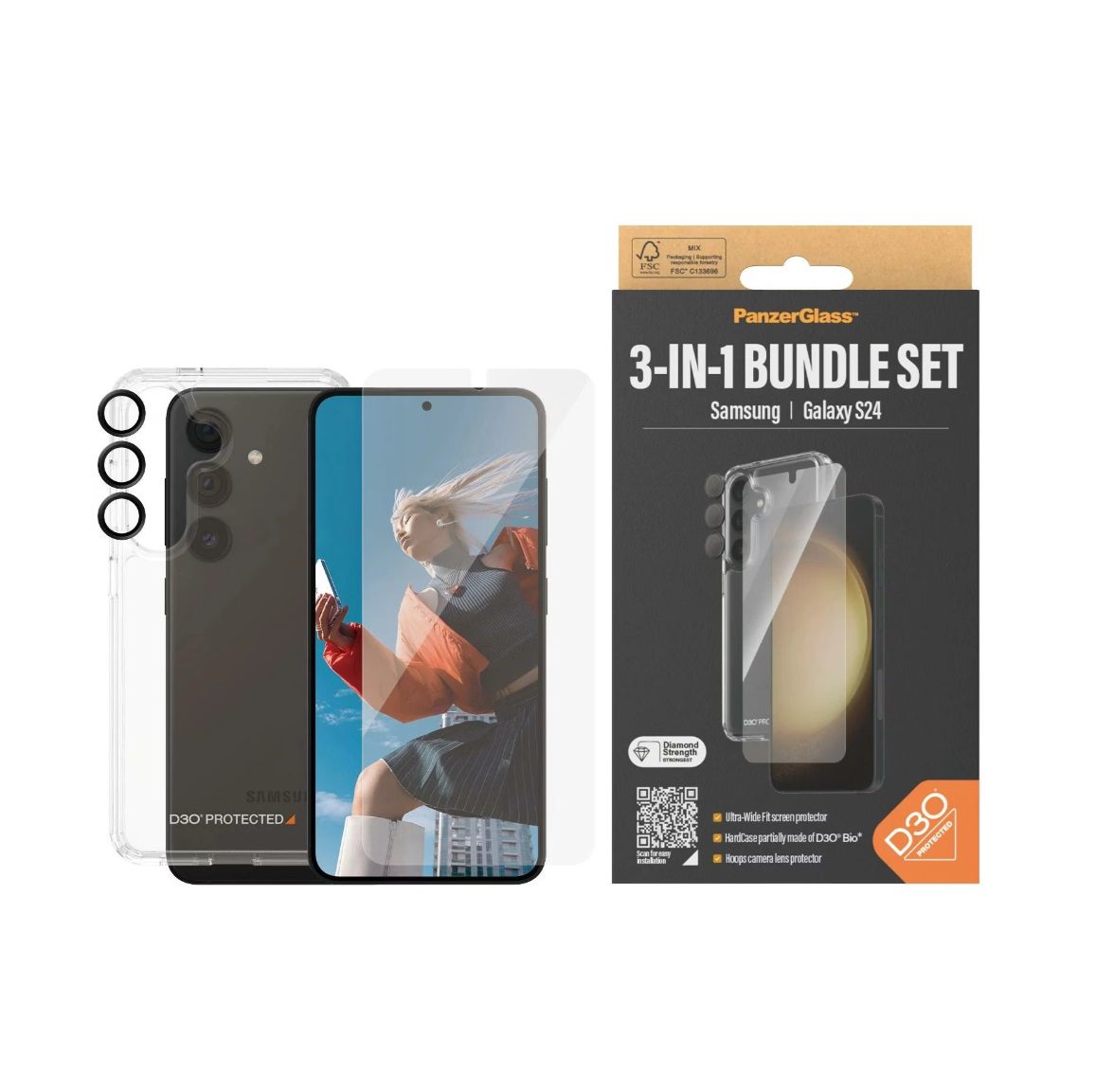 PanzerGlass 3-in-1 Bundle Ultra-Wide Fit Glass + Case + Lens (1 Piece), Samsung Galaxy S24